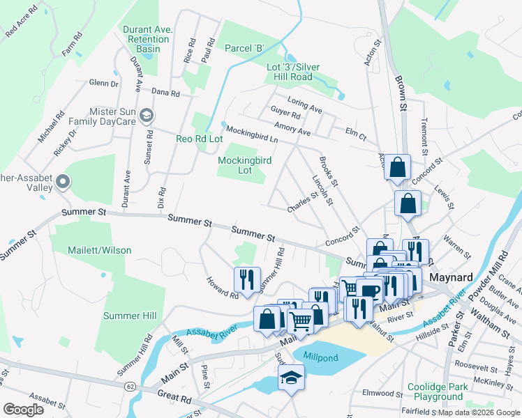 map of restaurants, bars, coffee shops, grocery stores, and more near 22 Charles St in Maynard
