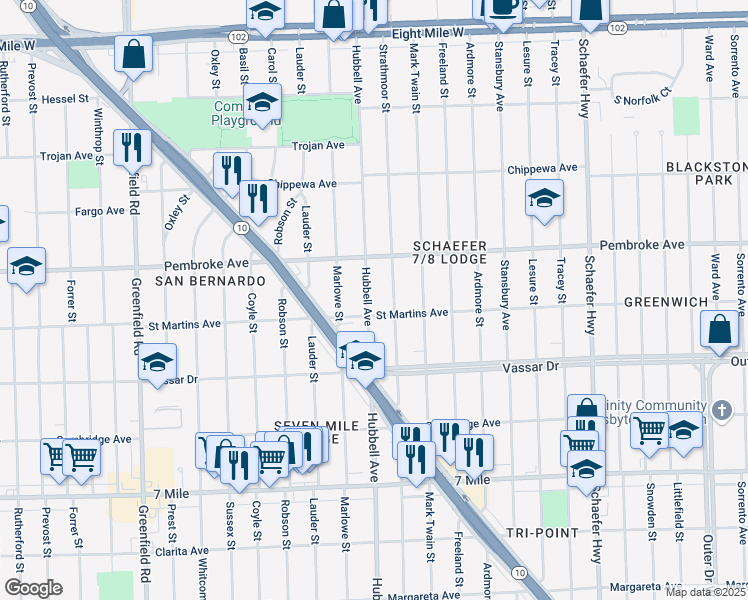 map of restaurants, bars, coffee shops, grocery stores, and more near 19732 Hubbell Avenue in Detroit