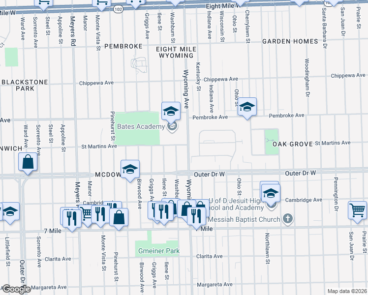 map of restaurants, bars, coffee shops, grocery stores, and more near 19501 Wyoming Avenue in Detroit