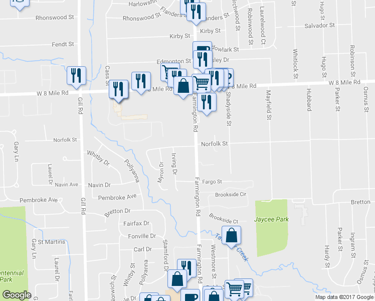 map of restaurants, bars, coffee shops, grocery stores, and more near 33447 Norfolk Street in Livonia