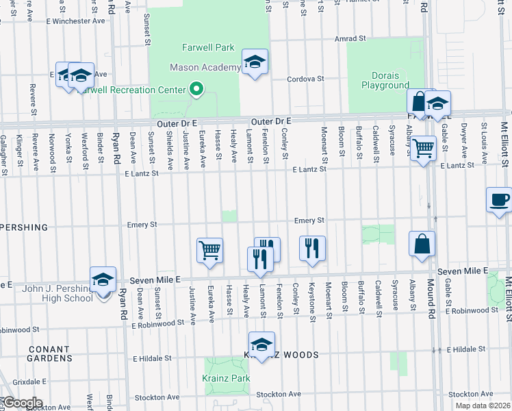 map of restaurants, bars, coffee shops, grocery stores, and more near 19341 Lamont Avenue in Detroit