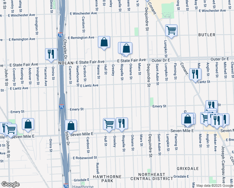 map of restaurants, bars, coffee shops, grocery stores, and more near 19391 Greeley Street in Highland Park
