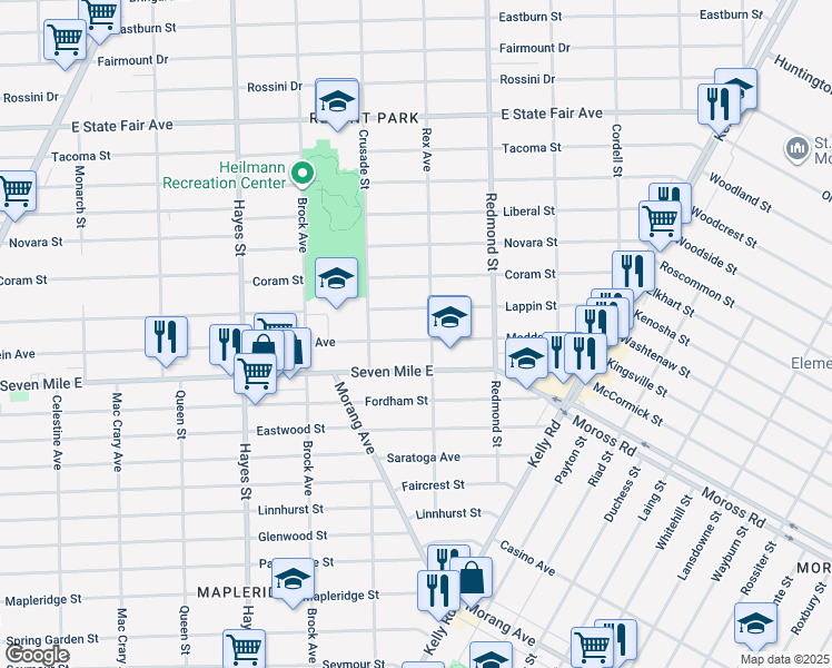 map of restaurants, bars, coffee shops, grocery stores, and more near 15689 Maddelein Street in Detroit