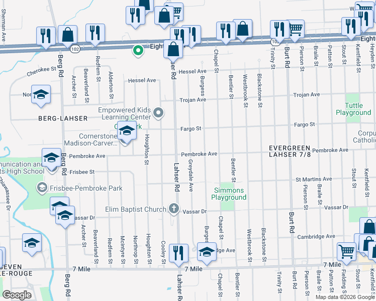map of restaurants, bars, coffee shops, grocery stores, and more near 21700 Pembroke Avenue in Detroit