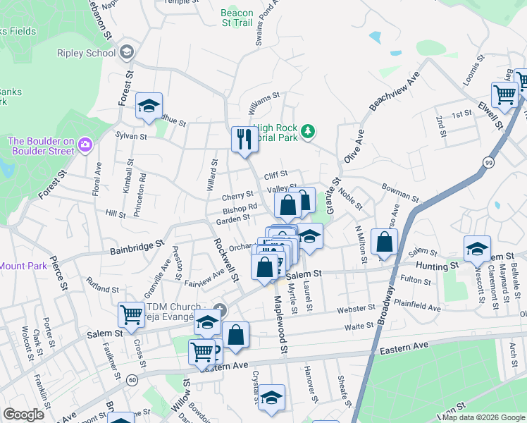map of restaurants, bars, coffee shops, grocery stores, and more near 180-182 Lebanon Street in Malden