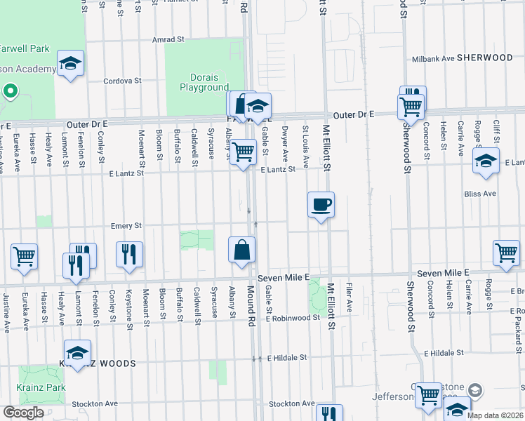 map of restaurants, bars, coffee shops, grocery stores, and more near 19335 Gable Street in Detroit