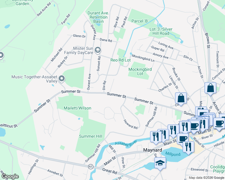 map of restaurants, bars, coffee shops, grocery stores, and more near 1 Nancy Circle in Maynard