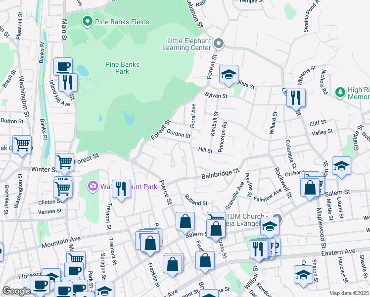 map of restaurants, bars, coffee shops, grocery stores, and more near 14 Crestview Drive in Malden