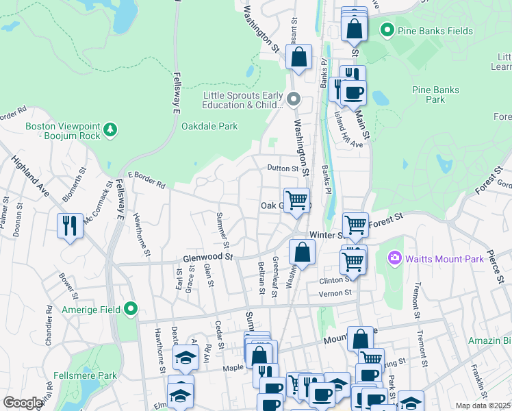 map of restaurants, bars, coffee shops, grocery stores, and more near 138 Beltran Street in Malden