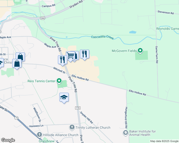 map of restaurants, bars, coffee shops, grocery stores, and more near 114 Summerhill Drive in Ithaca