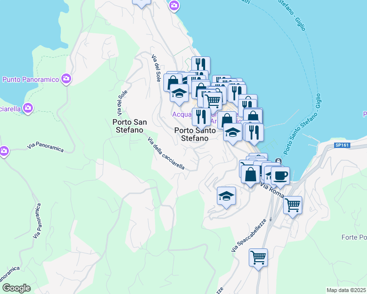 map of restaurants, bars, coffee shops, grocery stores, and more near 11 Via della cacciarella in Porto Santo Stefano