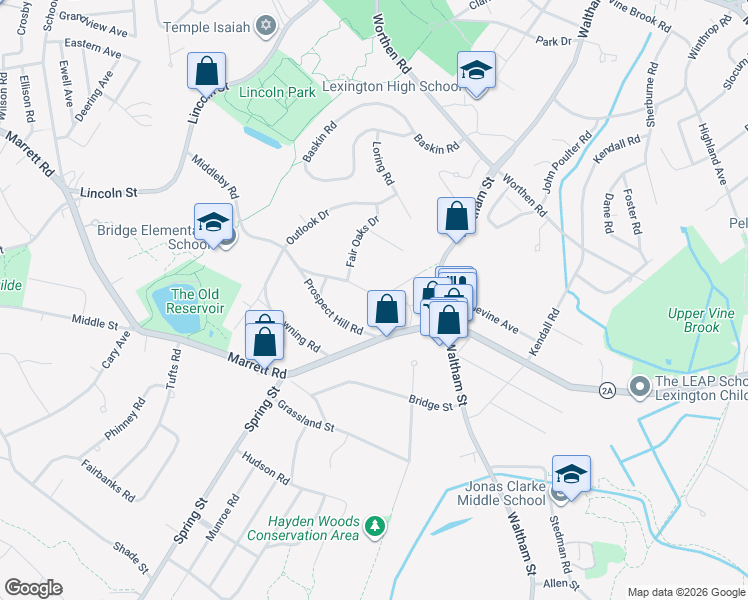 map of restaurants, bars, coffee shops, grocery stores, and more near 28 Wachusett Drive in Lexington