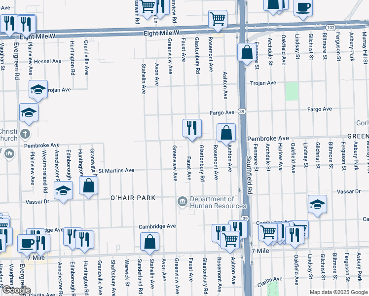 map of restaurants, bars, coffee shops, grocery stores, and more near 19775 Faust Avenue in Detroit