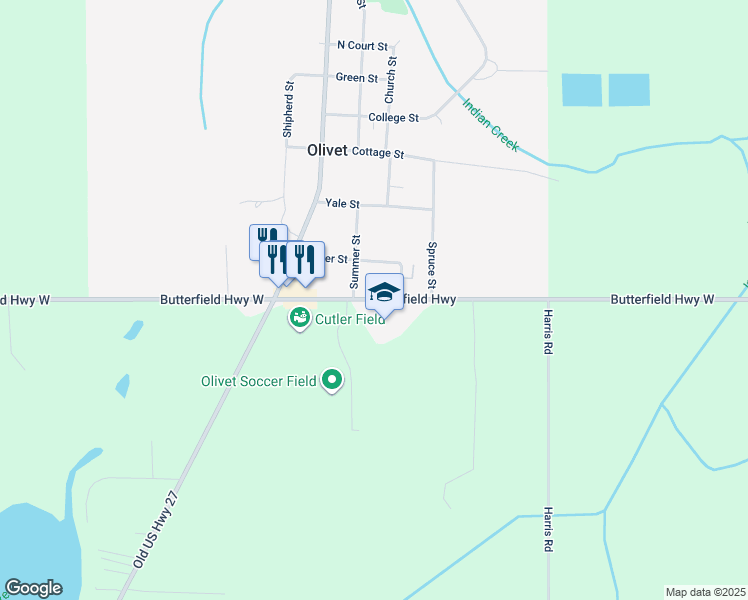 map of restaurants, bars, coffee shops, grocery stores, and more near 4425 Butterfield Highway in Olivet