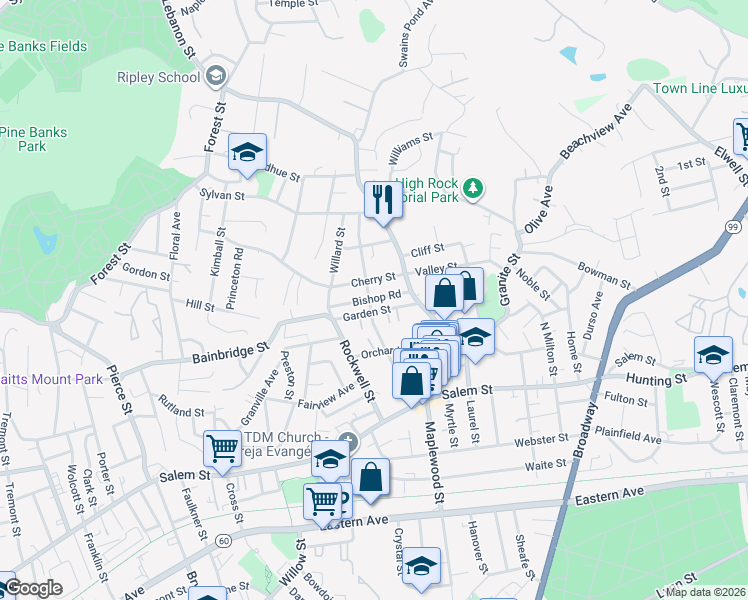 map of restaurants, bars, coffee shops, grocery stores, and more near 50 Bishop Road in Malden