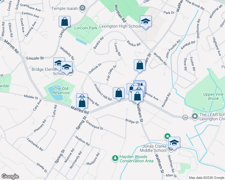 map of restaurants, bars, coffee shops, grocery stores, and more near 28 Wachusett Drive in Lexington