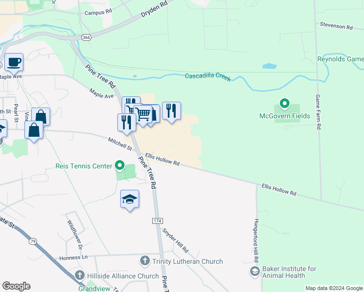 map of restaurants, bars, coffee shops, grocery stores, and more near 114 Summerhill Drive in Ithaca