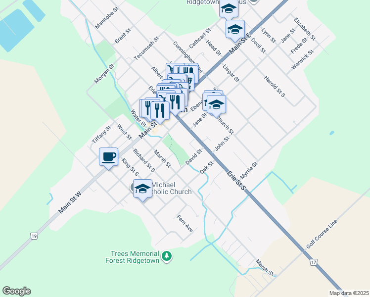 map of restaurants, bars, coffee shops, grocery stores, and more near 16 Marsh Street in Ridgetown