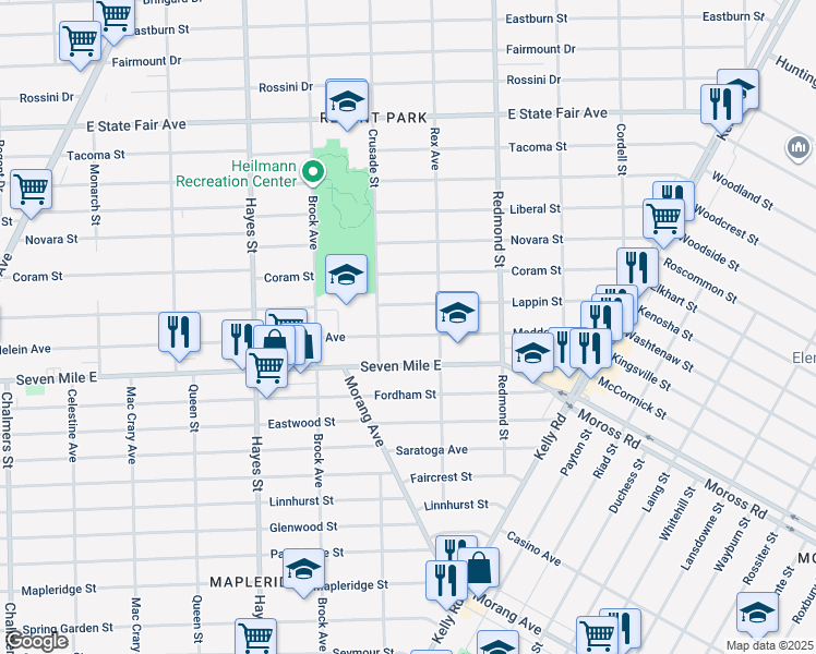 map of restaurants, bars, coffee shops, grocery stores, and more near 15689 Maddelein Street in Detroit