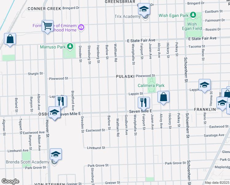 map of restaurants, bars, coffee shops, grocery stores, and more near 19209 Waltham Street in Detroit