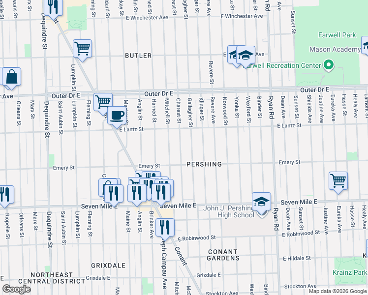 map of restaurants, bars, coffee shops, grocery stores, and more near 19363 Charest Street in Detroit