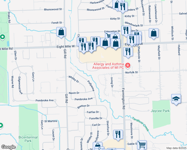 map of restaurants, bars, coffee shops, grocery stores, and more near 20161 Stamford Drive in Livonia