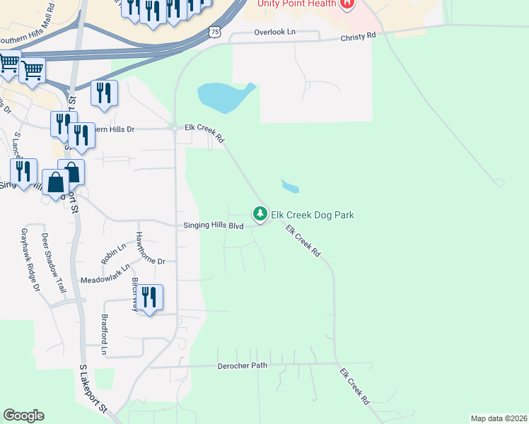 map of restaurants, bars, coffee shops, grocery stores, and more near 1845 Elk Creek Road in Sioux City
