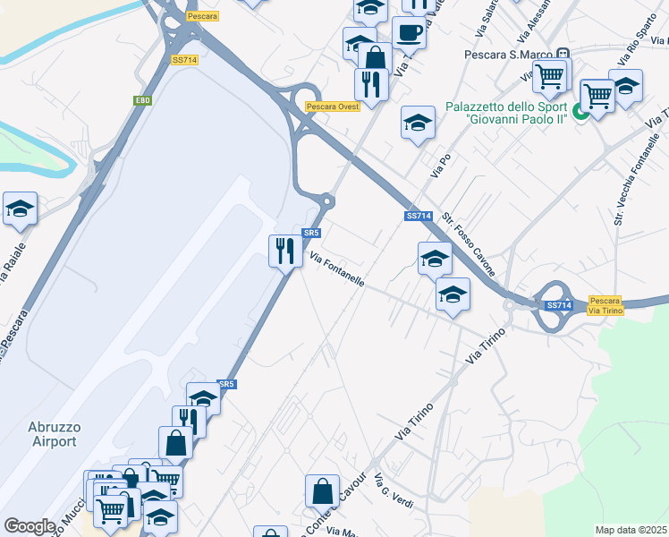 map of restaurants, bars, coffee shops, grocery stores, and more near 10 Via Fontanelle in Pescara
