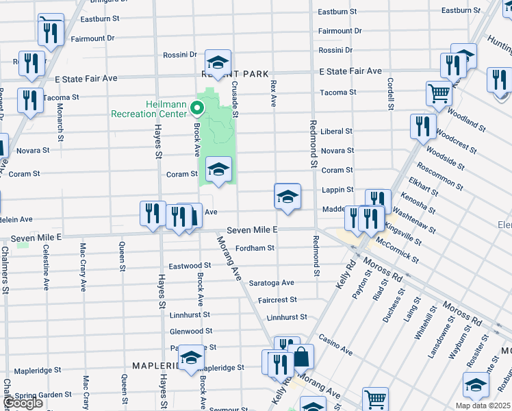 map of restaurants, bars, coffee shops, grocery stores, and more near 15689 Maddelein Street in Detroit