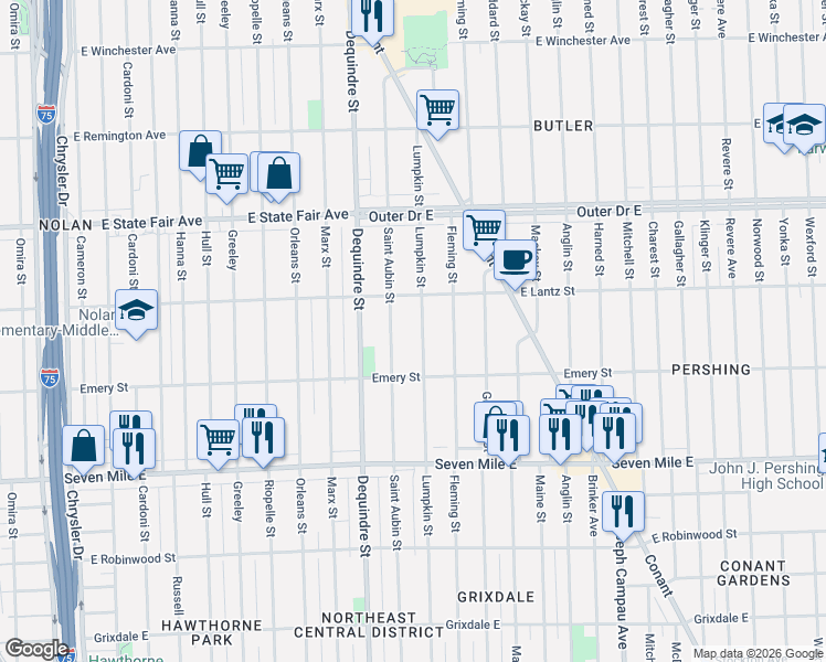 map of restaurants, bars, coffee shops, grocery stores, and more near 19376 Lumpkin Street in Detroit