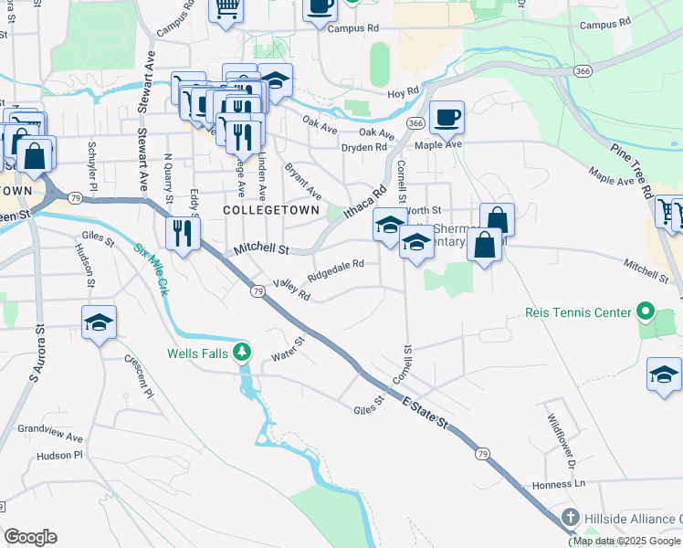 map of restaurants, bars, coffee shops, grocery stores, and more near 211 Ridgedale Road in Ithaca