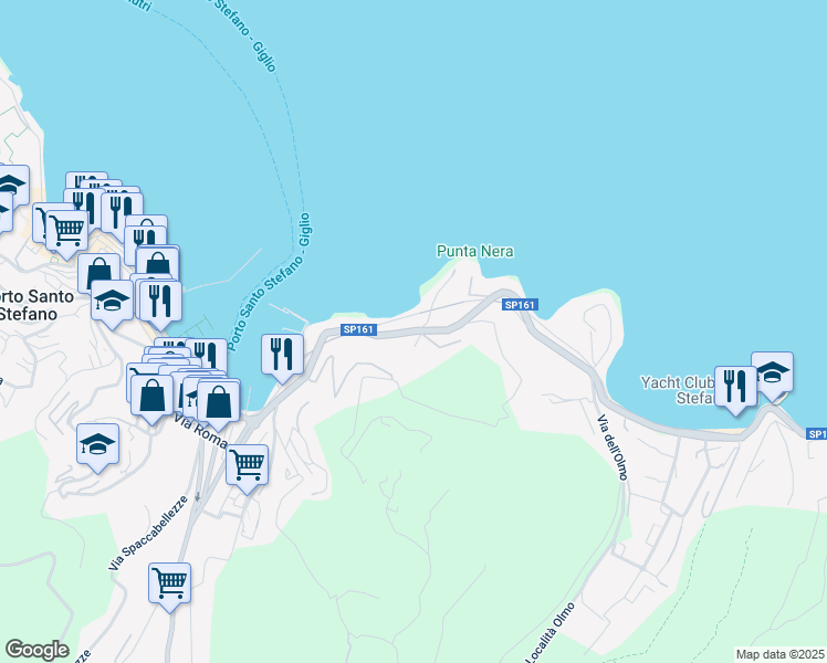 map of restaurants, bars, coffee shops, grocery stores, and more near 46 Via di Porto Santo Stefano in Porto Santo Stefano