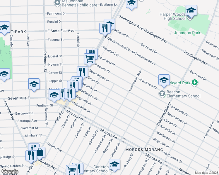 map of restaurants, bars, coffee shops, grocery stores, and more near 18784 Elkhart Street in Harper Woods