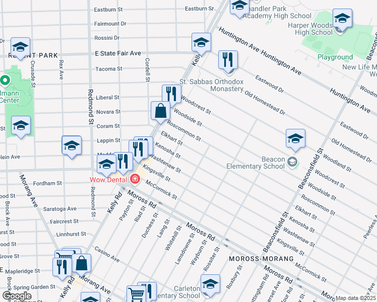 map of restaurants, bars, coffee shops, grocery stores, and more near 18744 Elkhart Street in Harper Woods