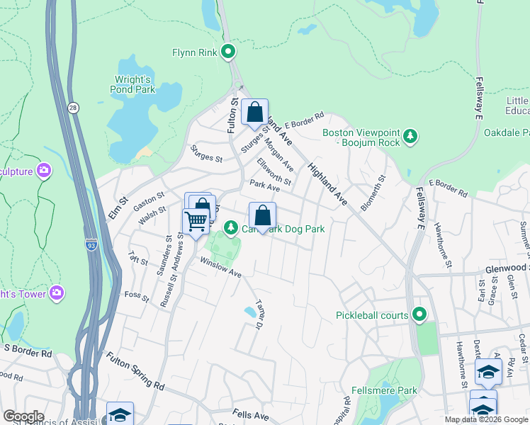 map of restaurants, bars, coffee shops, grocery stores, and more near 4 Ralph Street in Medford
