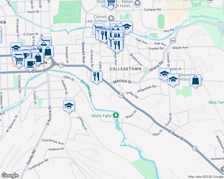 map of restaurants, bars, coffee shops, grocery stores, and more near 911 East State Street in Ithaca