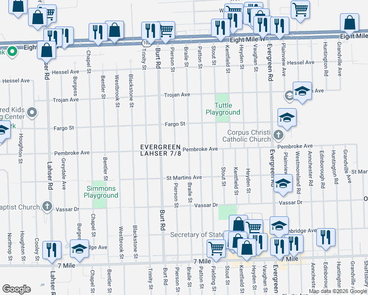map of restaurants, bars, coffee shops, grocery stores, and more near 20718 Pembroke Avenue in Detroit