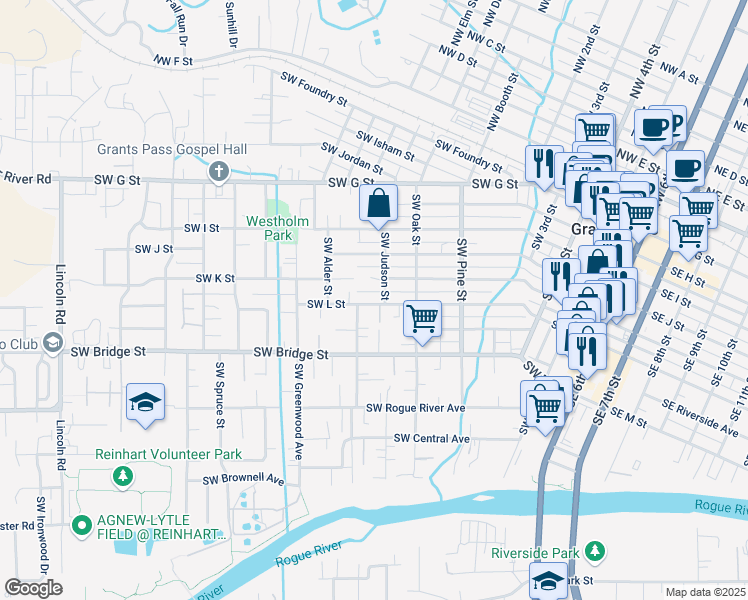 map of restaurants, bars, coffee shops, grocery stores, and more near 1013 Southwest L Street in Grants Pass