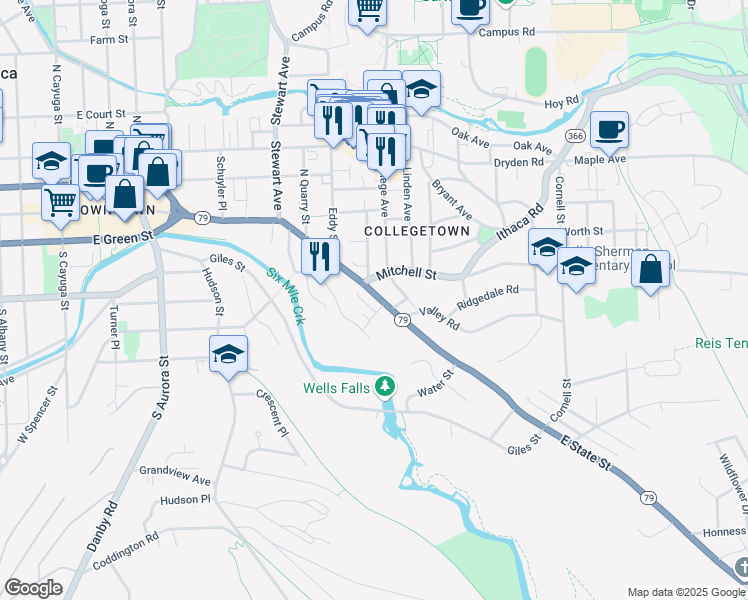 map of restaurants, bars, coffee shops, grocery stores, and more near 911 East State Street in Ithaca