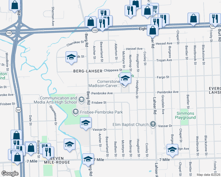 map of restaurants, bars, coffee shops, grocery stores, and more near 22530 Pembroke Avenue in Detroit