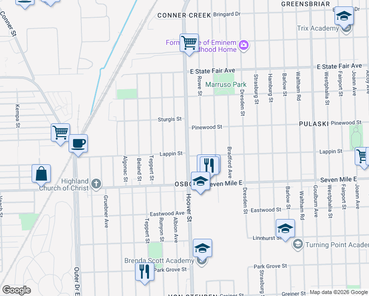 map of restaurants, bars, coffee shops, grocery stores, and more near 19300 Albion Avenue in Detroit