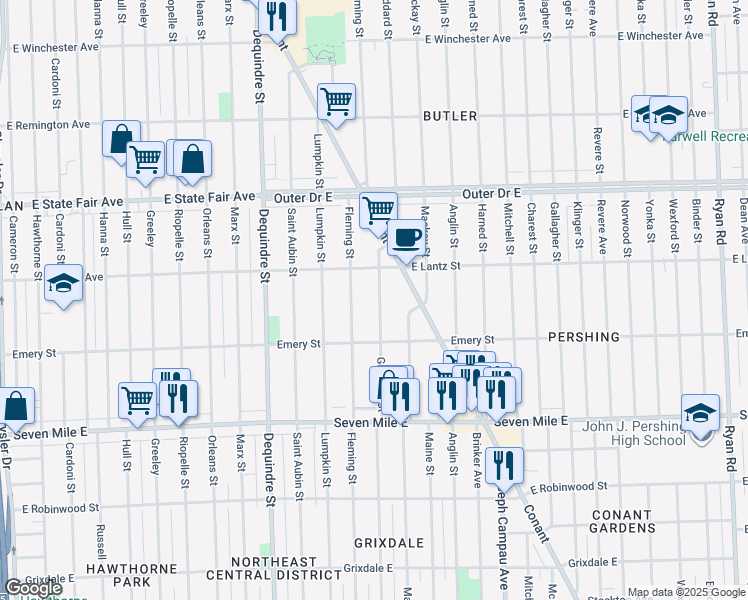 map of restaurants, bars, coffee shops, grocery stores, and more near 19370 Fleming Street in Detroit