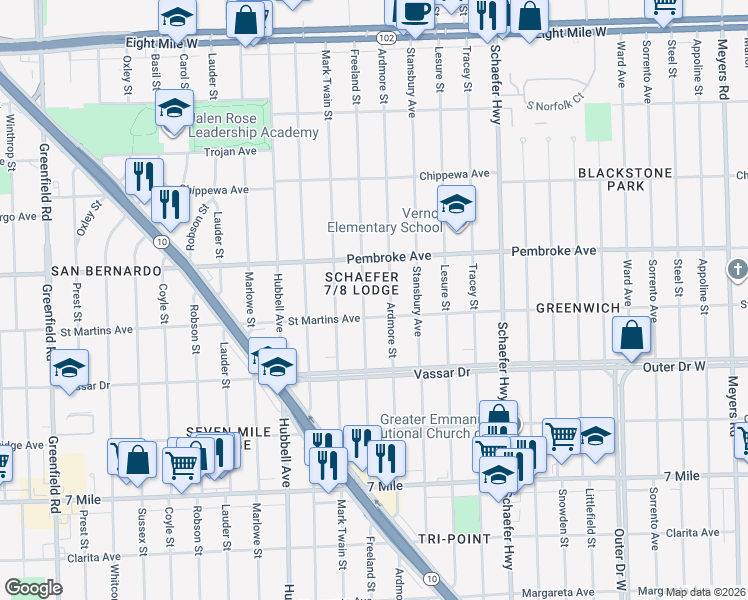 map of restaurants, bars, coffee shops, grocery stores, and more near 19711 Ardmore Street in Detroit