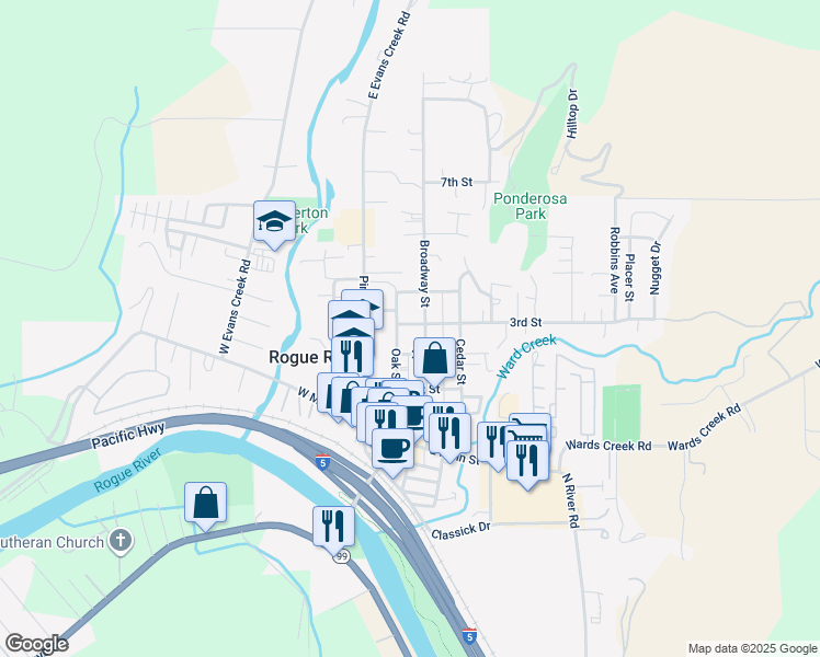 map of restaurants, bars, coffee shops, grocery stores, and more near 311 Broadway Street in Rogue River