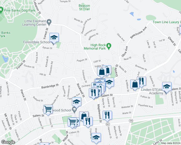 map of restaurants, bars, coffee shops, grocery stores, and more near 19-21 Garden Street in Malden