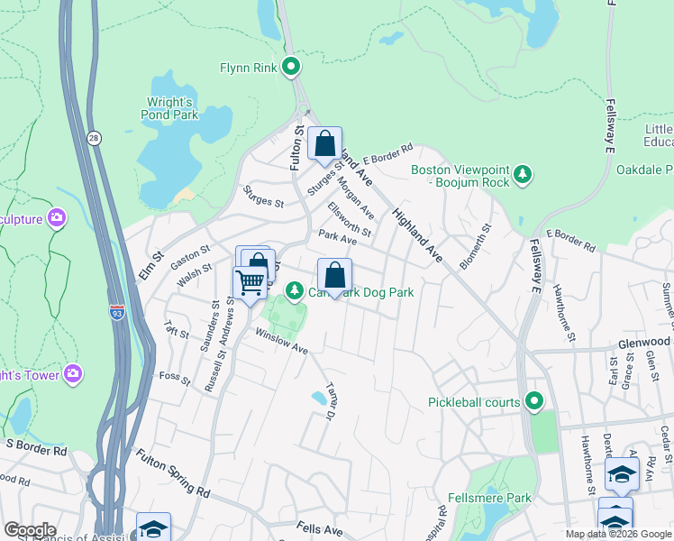 map of restaurants, bars, coffee shops, grocery stores, and more near 4 Ralph Street in Medford