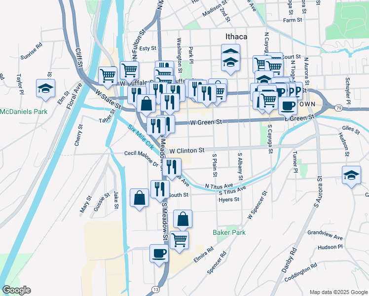 map of restaurants, bars, coffee shops, grocery stores, and more near 609 West Clinton Street in Ithaca