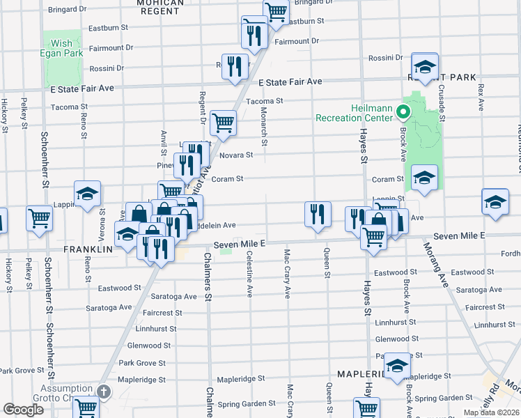 map of restaurants, bars, coffee shops, grocery stores, and more near 14529 Maddelein Street in Detroit