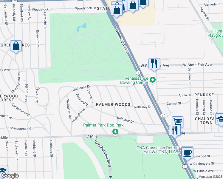 map of restaurants, bars, coffee shops, grocery stores, and more near 19494 Suffolk Drive in Detroit