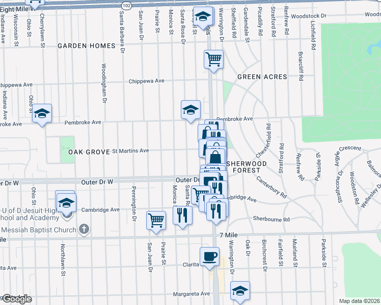 map of restaurants, bars, coffee shops, grocery stores, and more near 19474 Santa Rosa Drive in Detroit